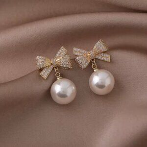 Cute Fashion Goldplated Crystal Bow Korean Style Faux Pearl Drop Earrings Set